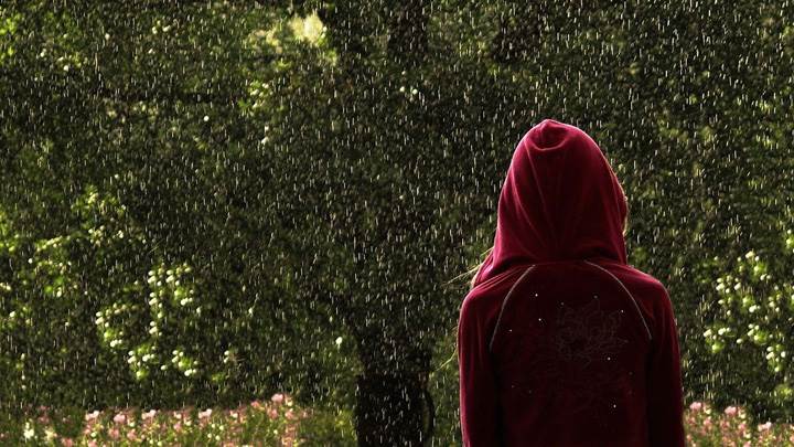 Girl Watching Rain In Red Dress